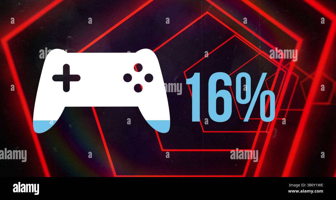 Image of gamepad icon over tunnel with neon shapes on black background Stock Photo