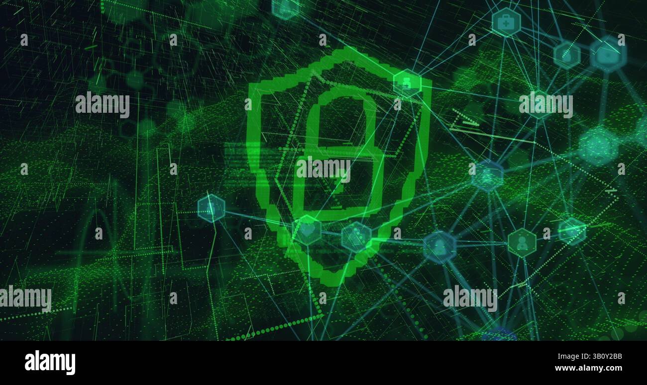 Data processing over security shield and padlock icon against green digital wave on black background Stock Photo