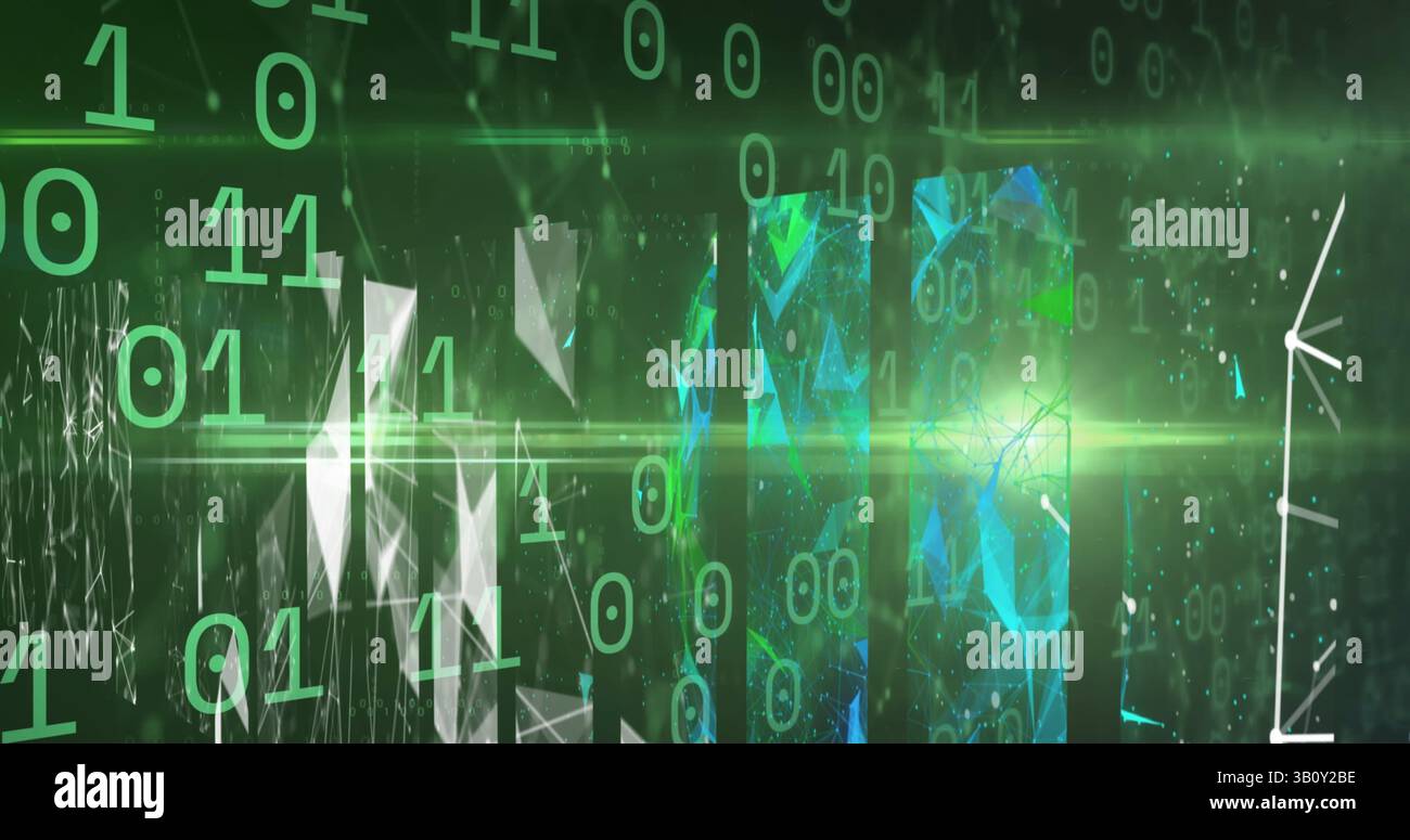 Binary coding data processing over screens of plexus networks against green background Stock Photo