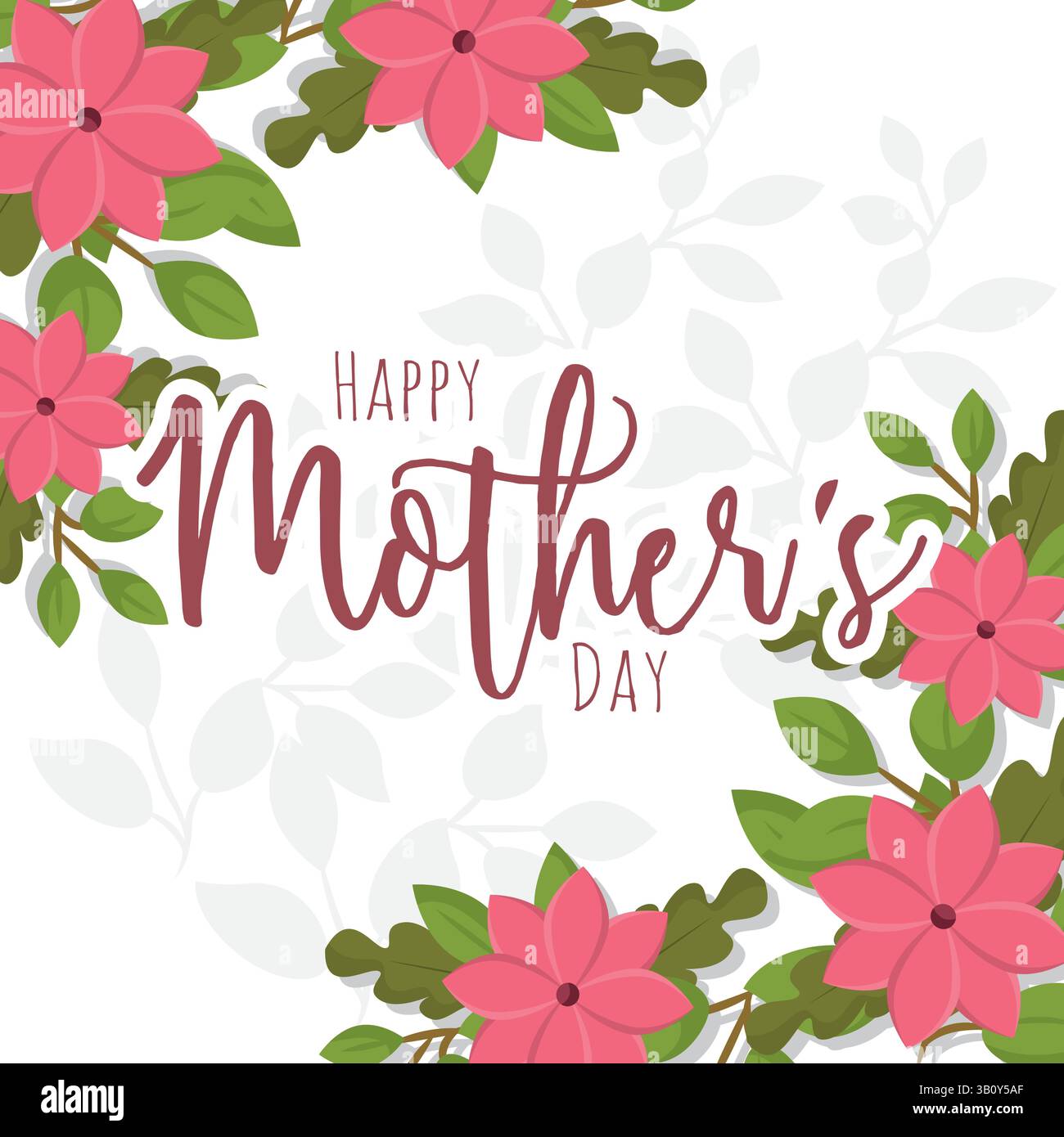 Mothers Day floral frame with pink flowers and leafy branches around ...