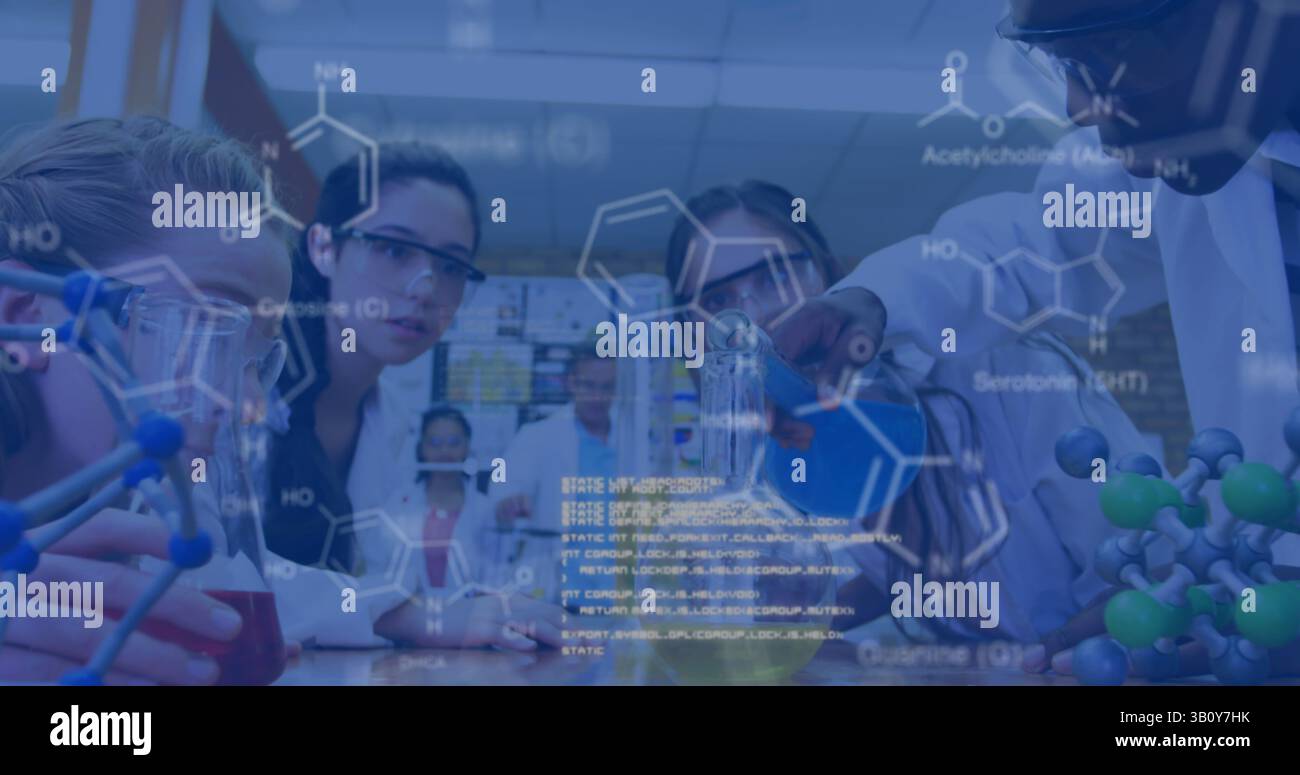 Image of data processing over diverse students in lab Stock Photo