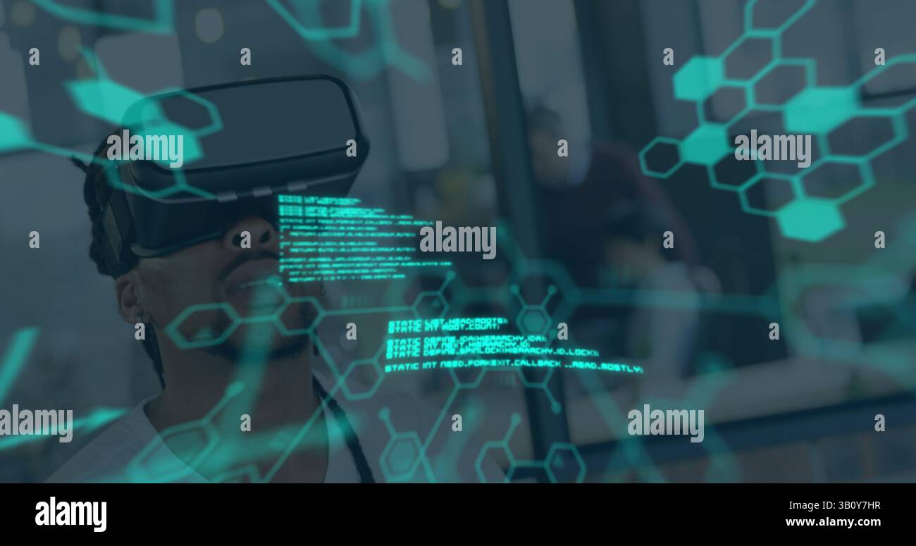 Image of data processing over biracial man using vr headset Stock Photo