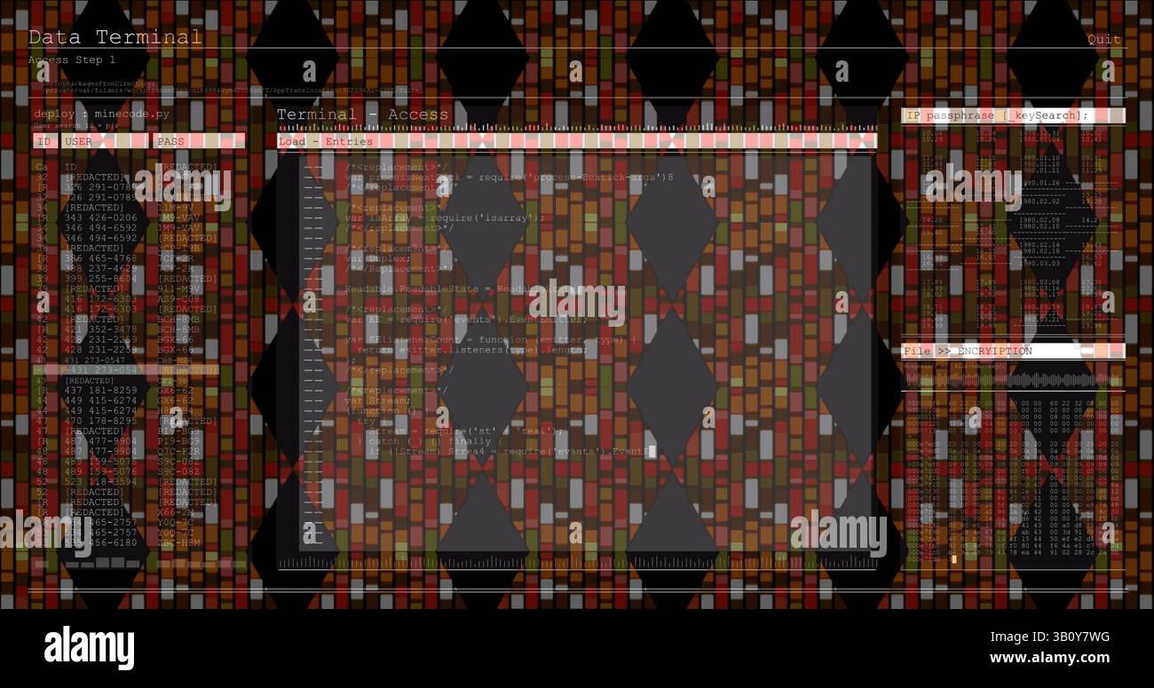 Digital interface with data processing against abstract structures on black background Stock Photo