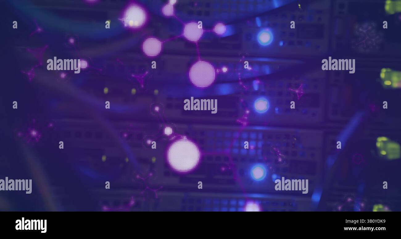 Image of molecules floating over servers Stock Photo