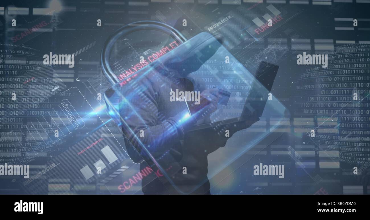 Image of data processing over caucasian male hacker using laptop Stock Photo