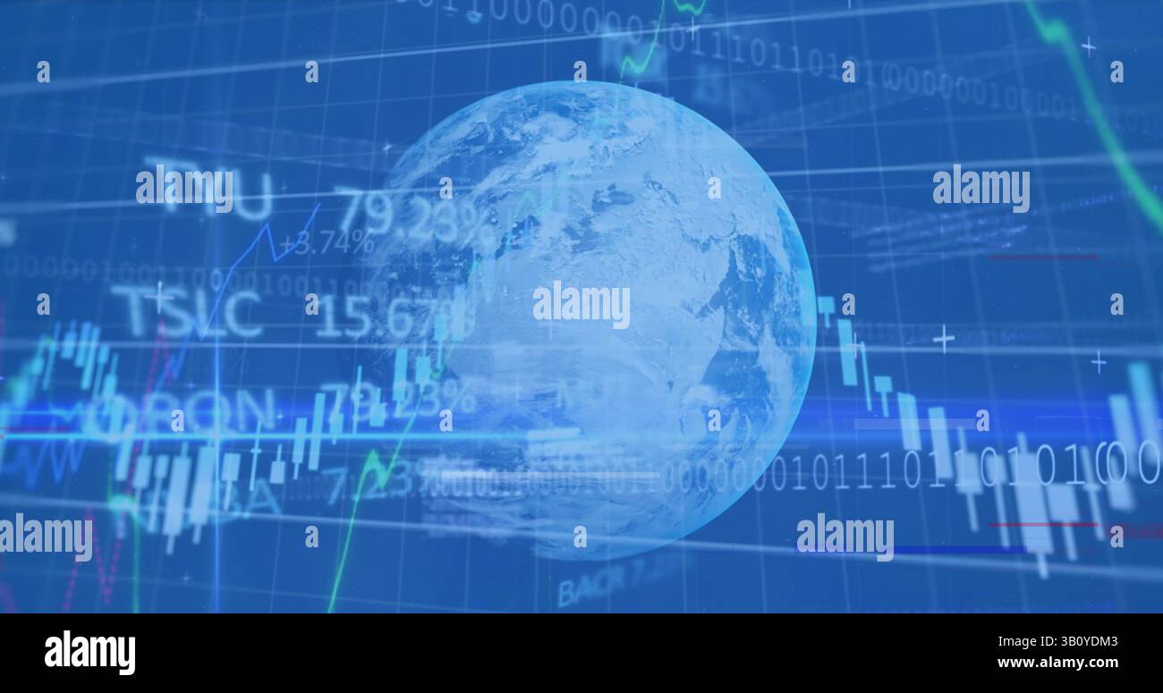 Image of financial data processing with binary coding over globe Stock Photo