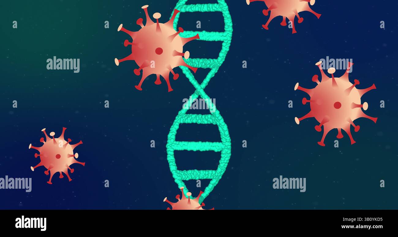 Displaying turquoise DNA helix running through abstract gradient background, with virus particles Stock Photo
