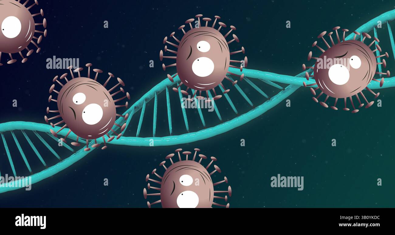 Floating brown virus particles circling twisting teal DNA helix in abstract scientific graphic Stock Photo