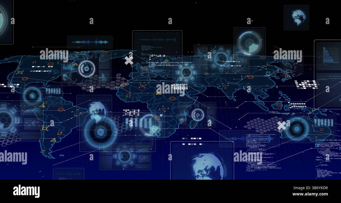 Image of scopes scanning, data processing and markers over world map ...