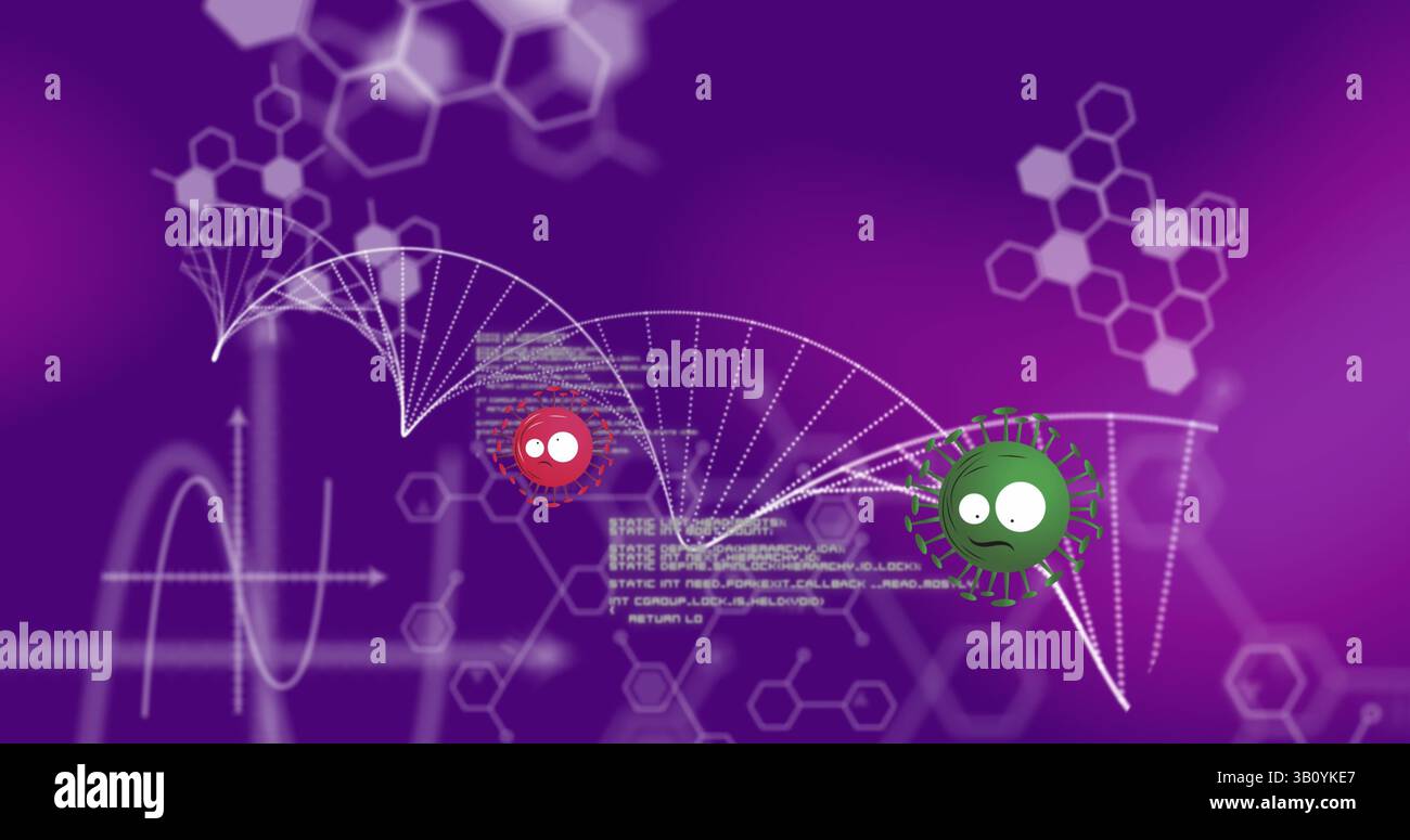 Displaying two cartoon viruses floating along white wireframe helix in lab, with code snippets Stock Photo