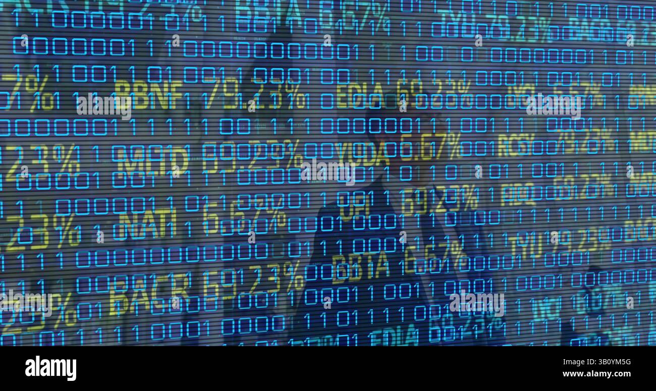 Image of financial data over businesspeople and binary code Stock Photo