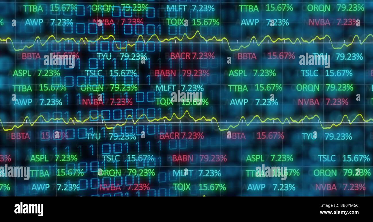Image of financial data over binary code on black background Stock Photo