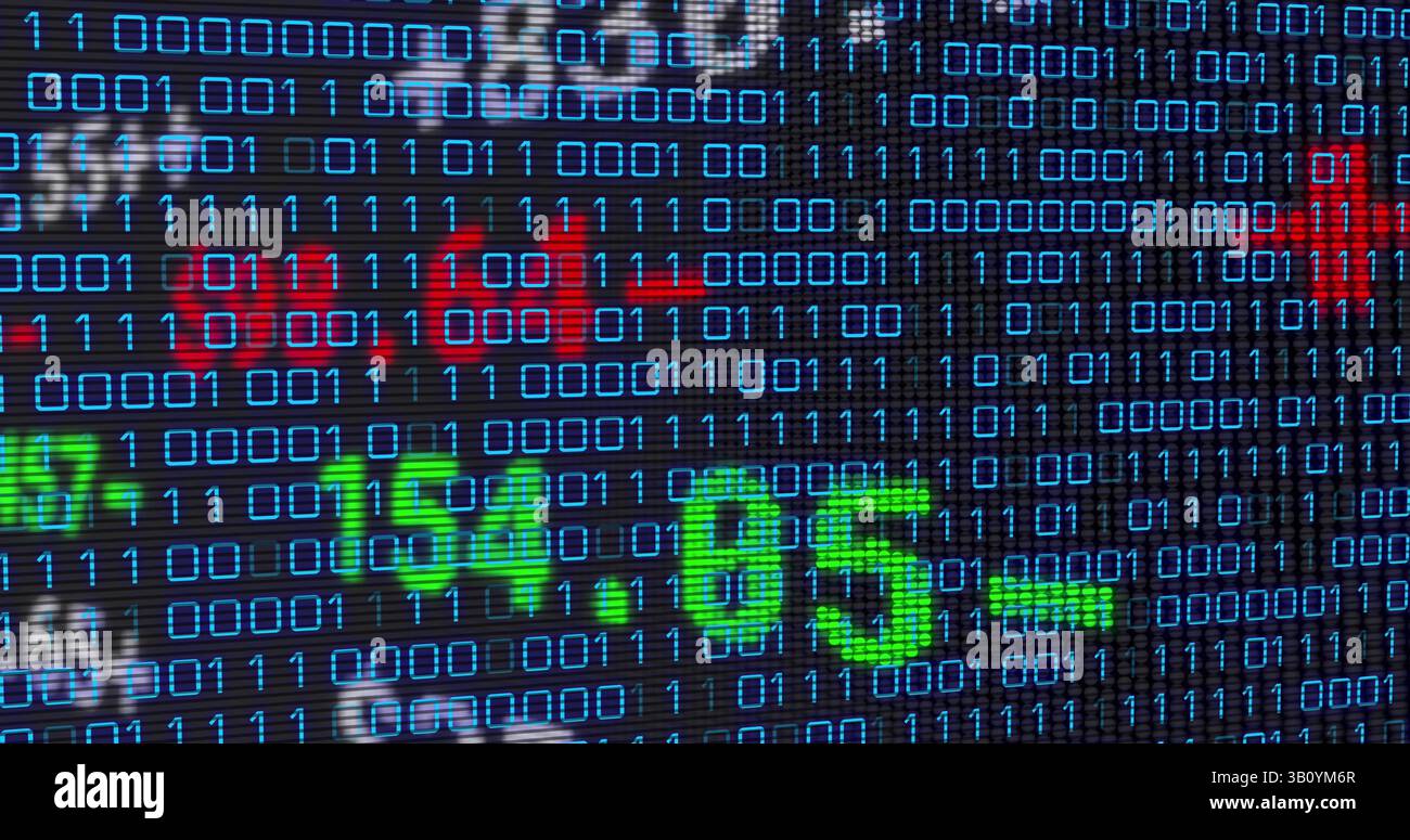 Image of financial data over binary code on black background Stock Photo