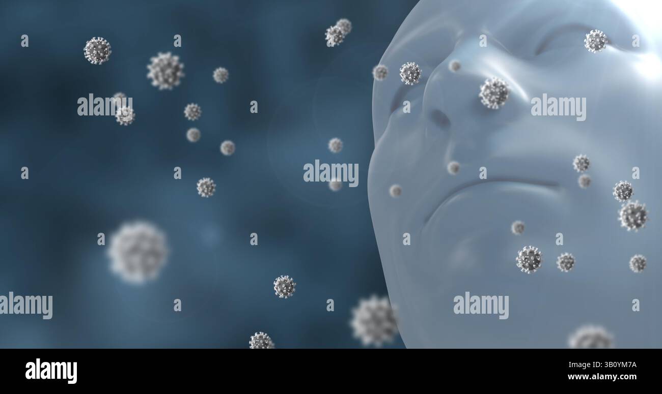 Showing translucent CGI head rotating in digital scene, with floating virus particles, copy space Stock Photo