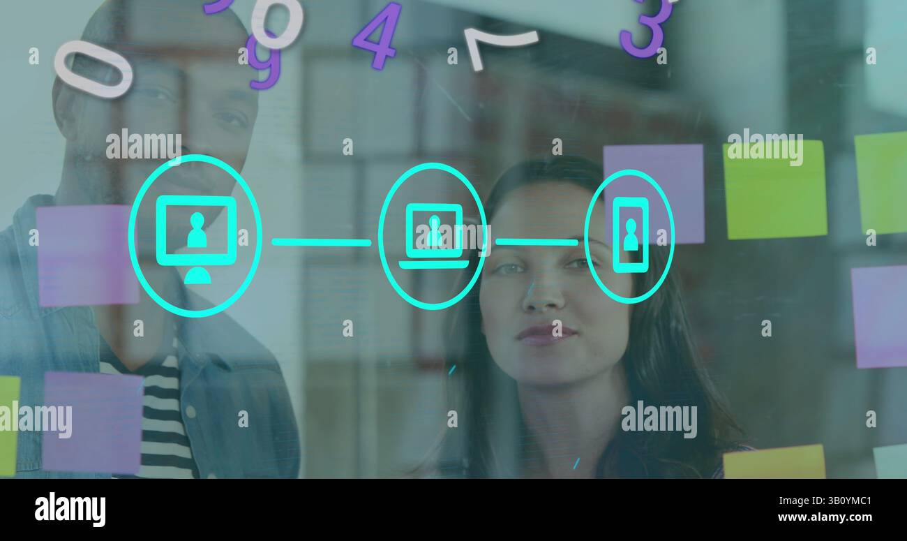 Image of network of connections and numbers over diverse coworkers ...
