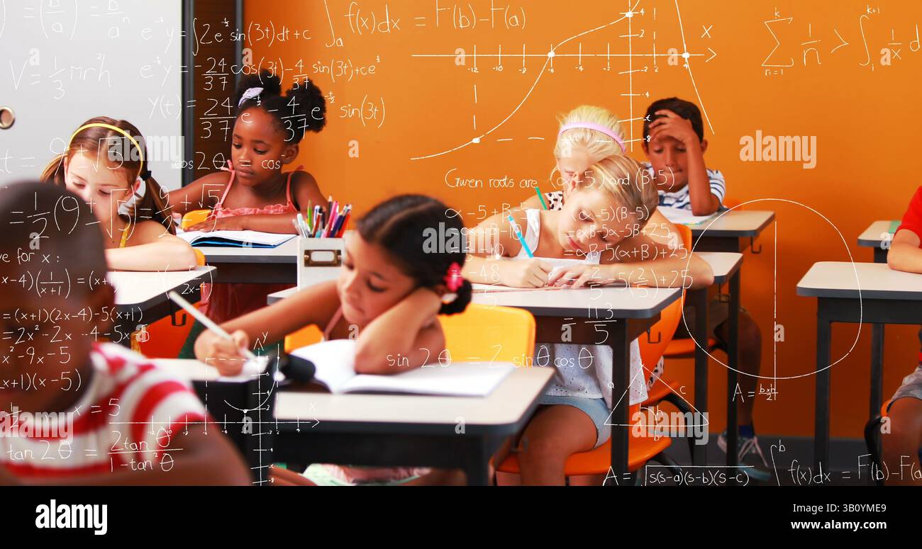 Image of math formulas over class of diverse children learning at school Stock Photo