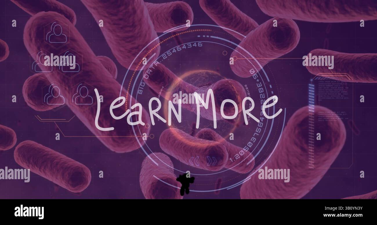 Image of learn more text and data processing over virus cells Stock Photo