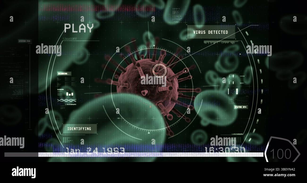 Image of interference and data processing over virus and blood cells Stock Photo