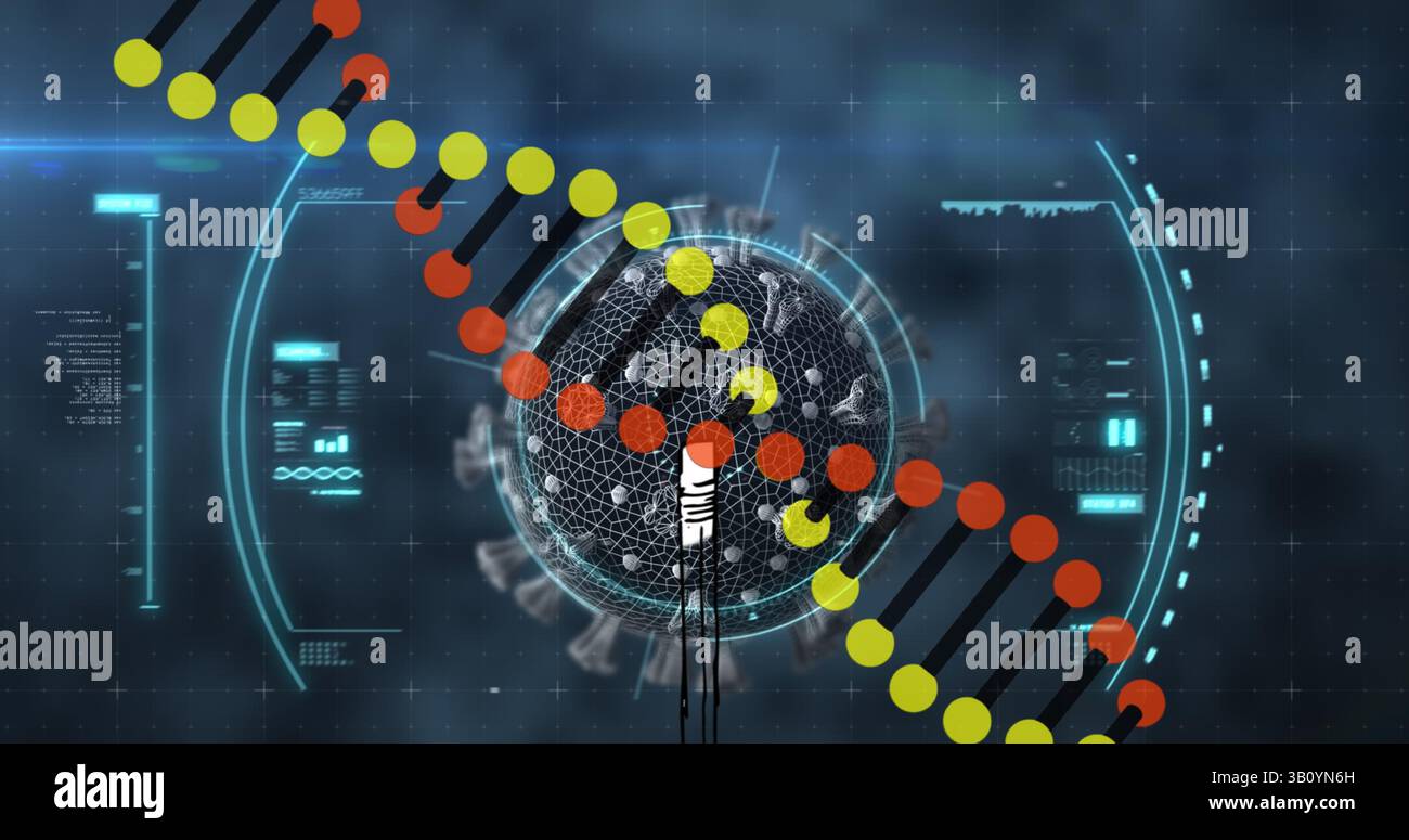 Image of dna strand and data processing over virus cell Stock Photo