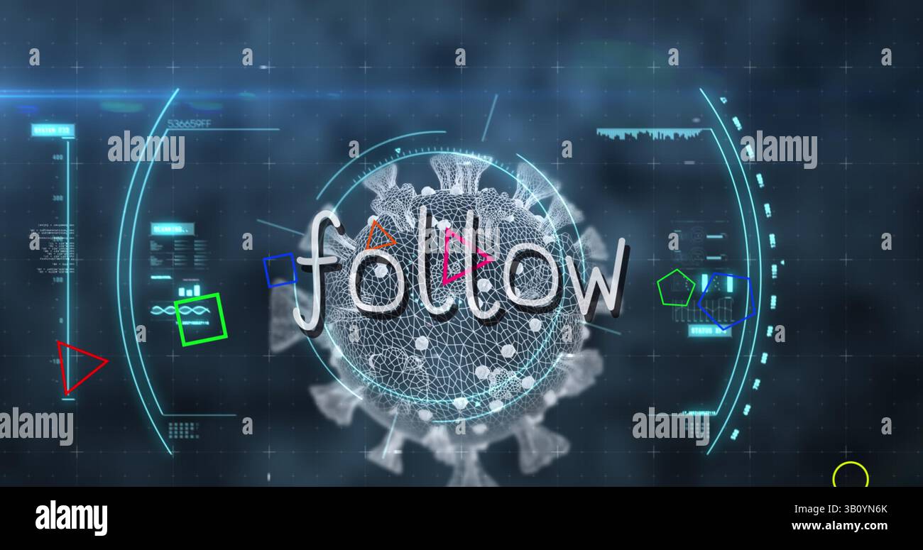 Image of follow text and data processing over virus cells Stock Photo