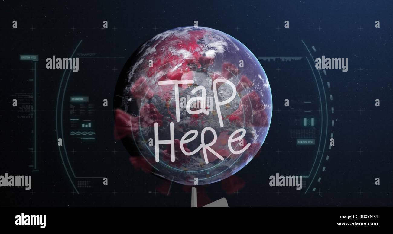 Image of tap here text and data processing over globe and virus cells Stock Photo