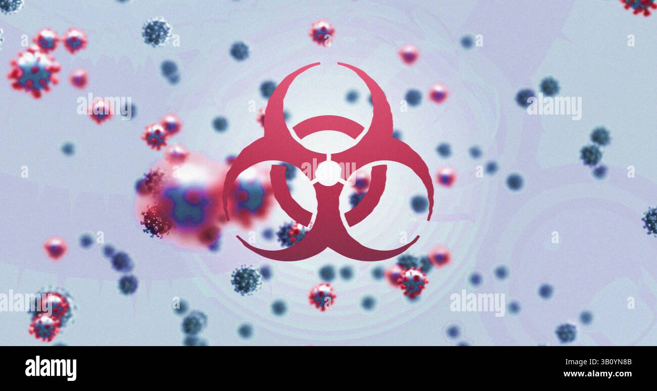 Displaying red biohazard symbol floating over digital backdrop, with ...