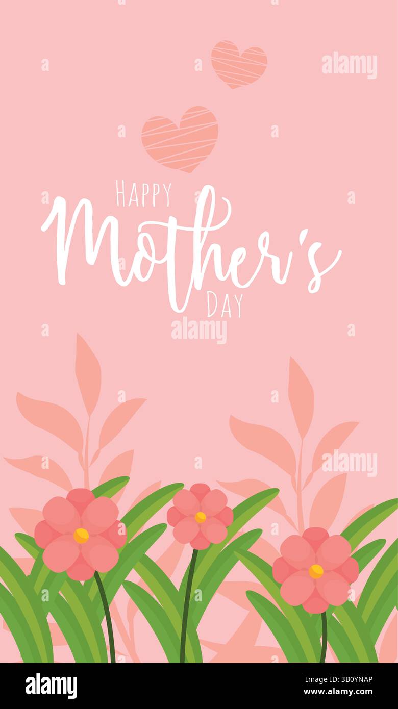 Pink hearts floating above blooming flowers with Mothers Day text ...