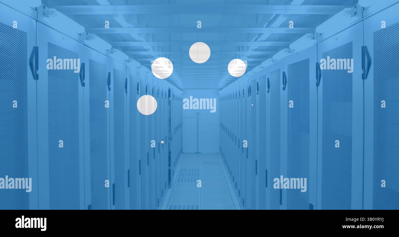 Image of white dots over server room Stock Photo