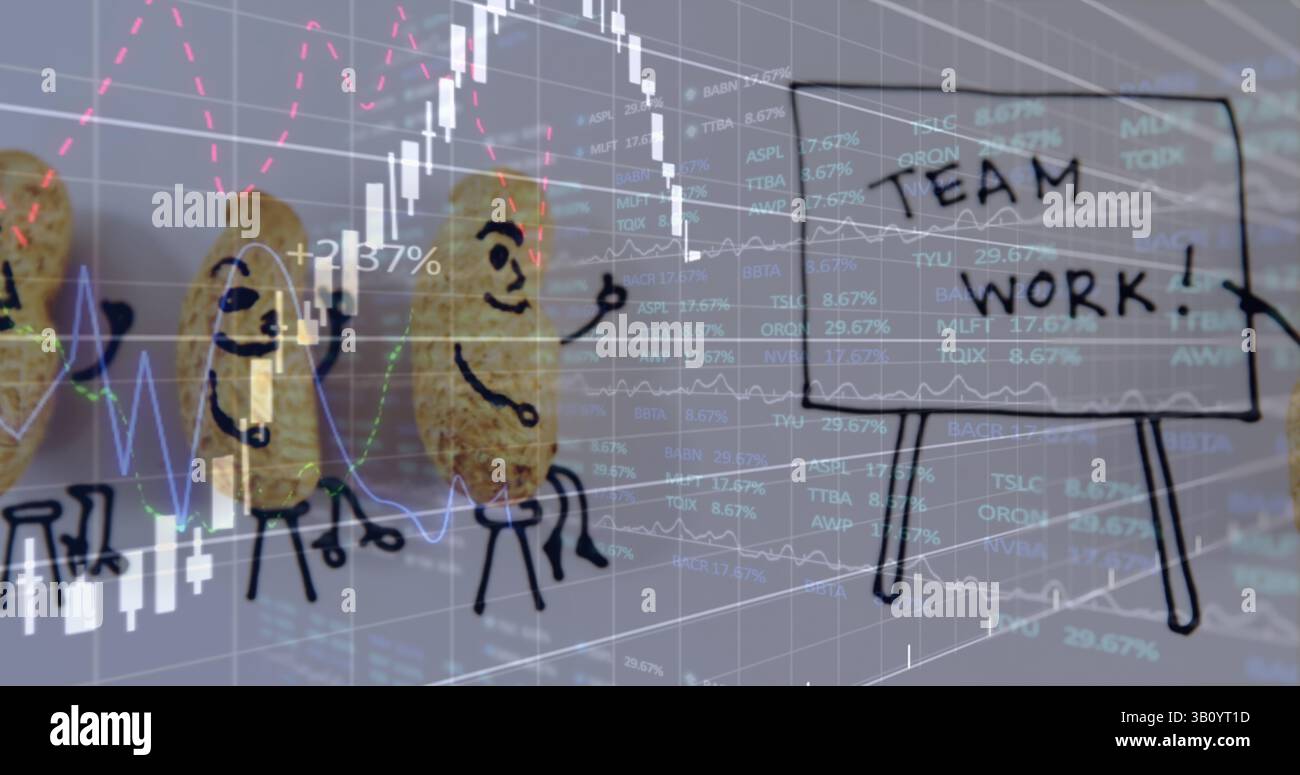 Image of data processing over teamwork text and peanuts Stock Photo