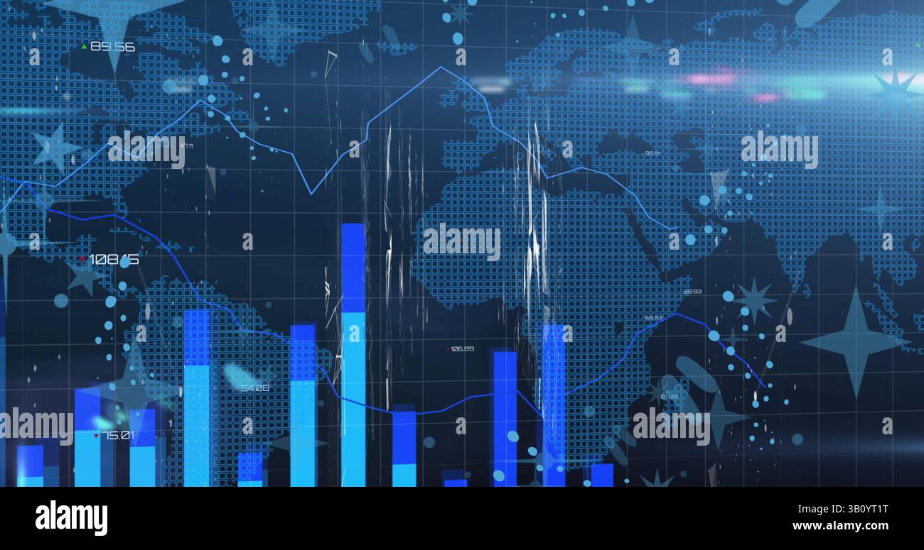 Image of data processing over stars and world map on black background Stock Photo