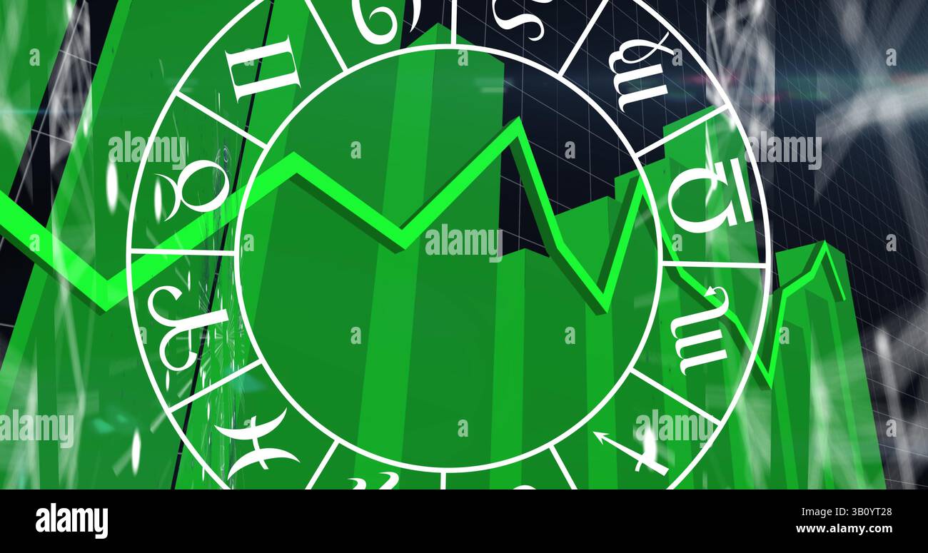 Image of zodiac signs over data processing on black background Stock Photo