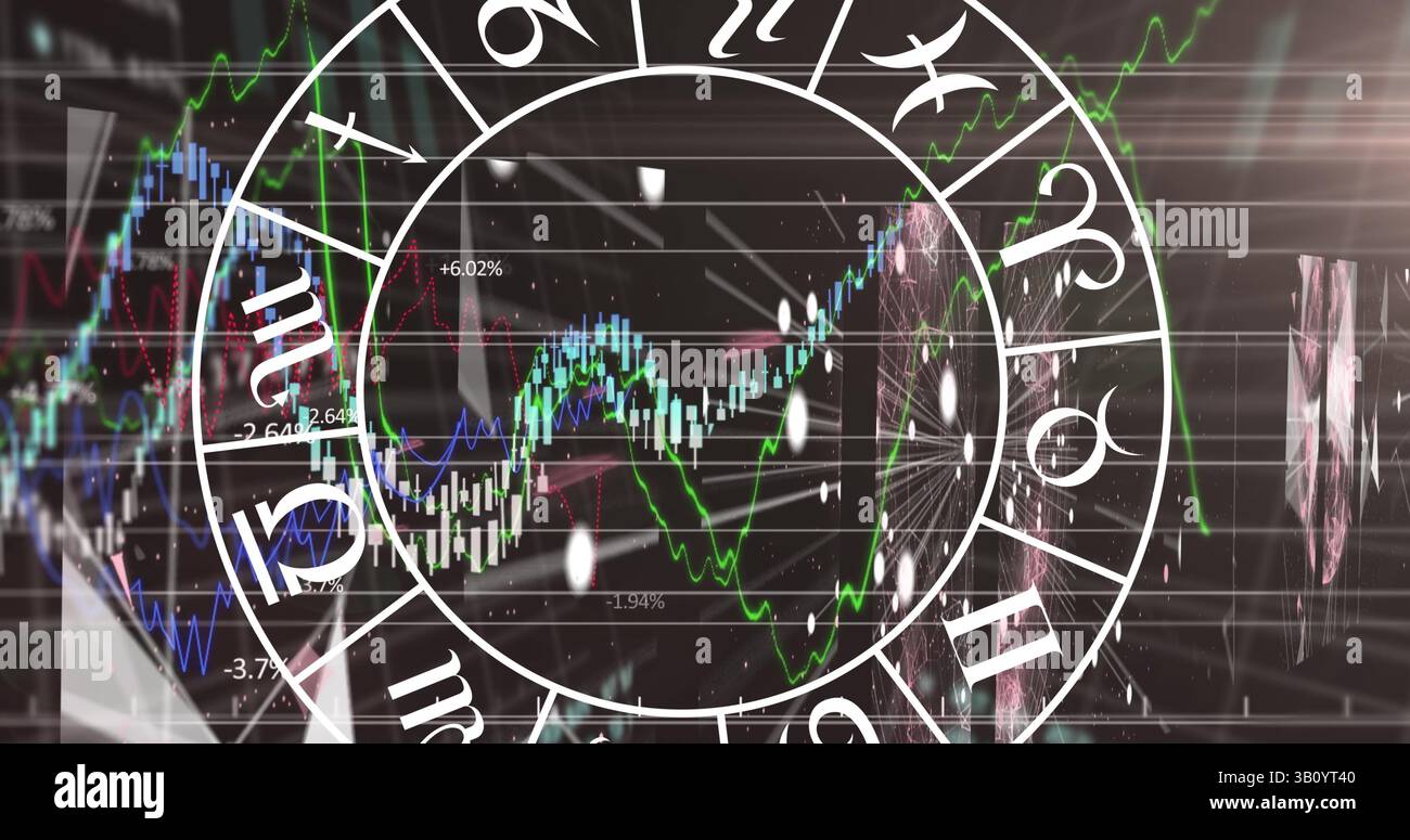 Image of zodiac signs over data processing on black background Stock Photo