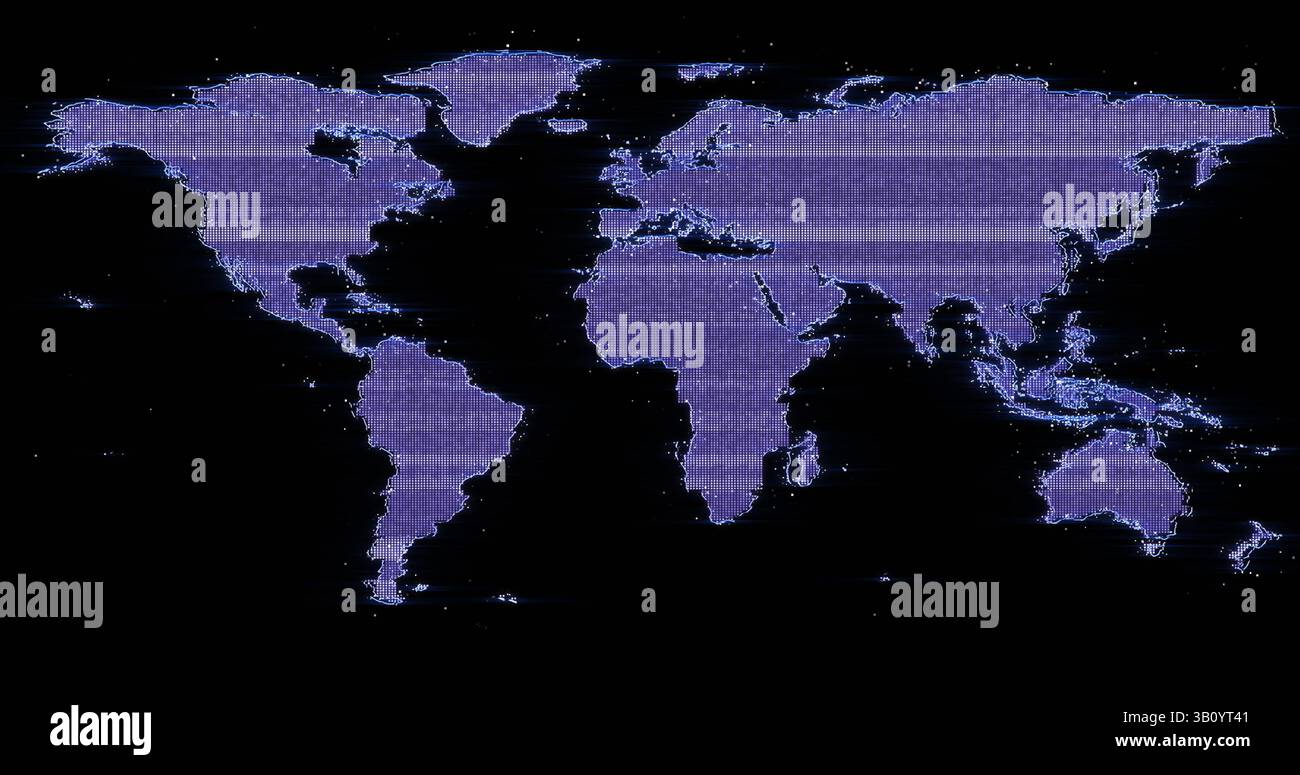Image of interference over world map on black background Stock Photo