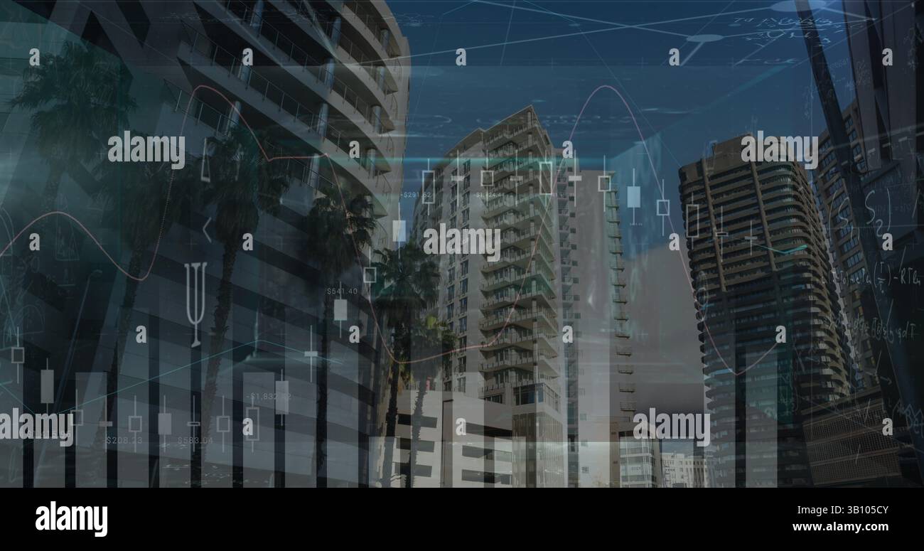 Composite image of statistical data processing and mathematical equations against tall buildings Stock Photo
