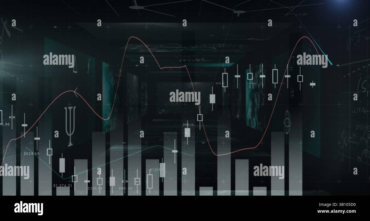 Statistical data processing and multiple screens with mathematical equations on black background Stock Photo
