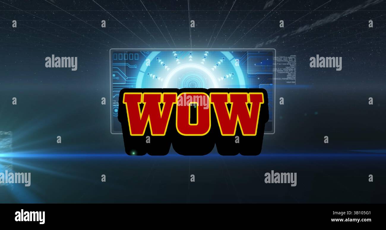 Image of wow text over scope scanning and data processing Stock Photo