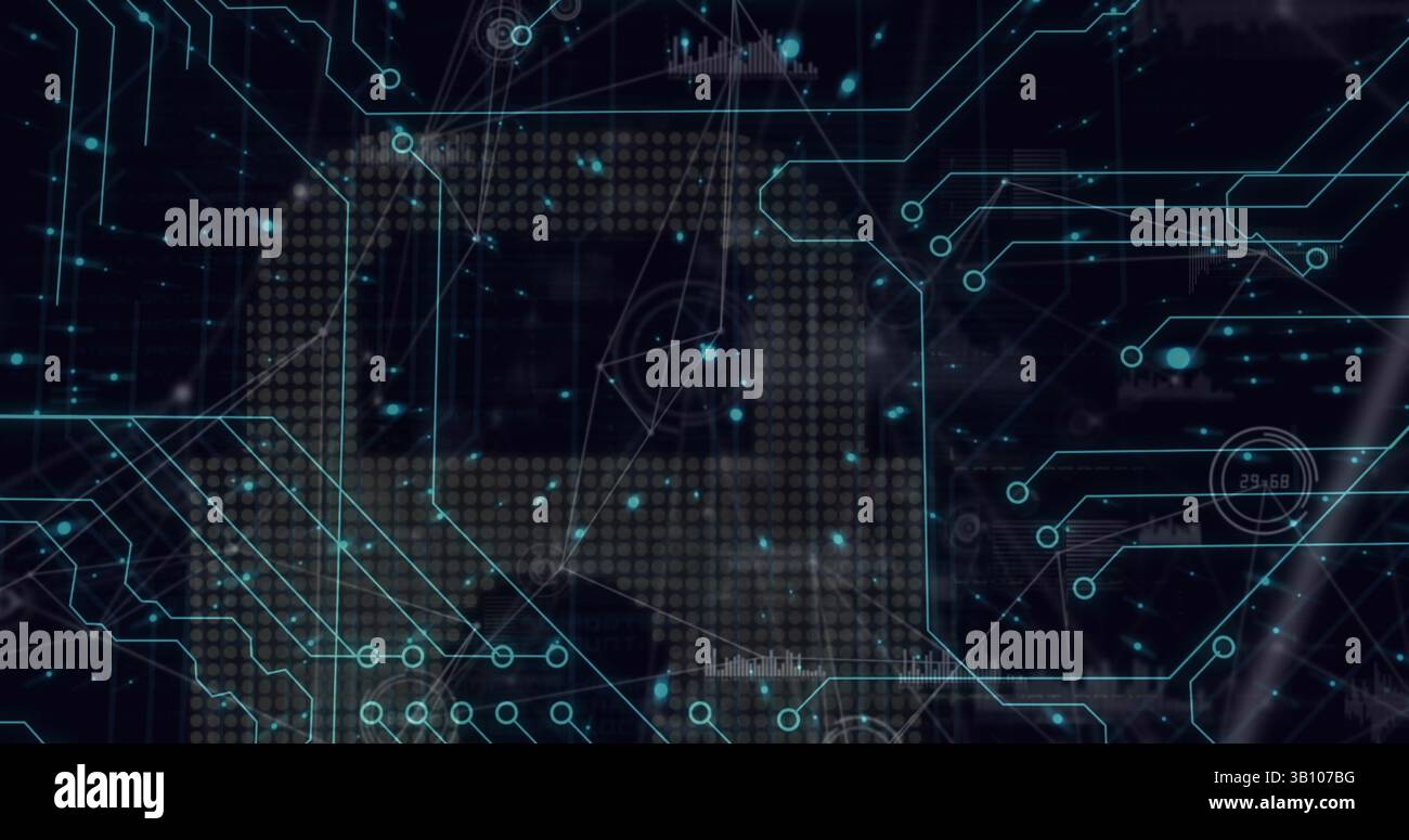 Image of data processing and digital padlock over integrated circuit on black background Stock Photo