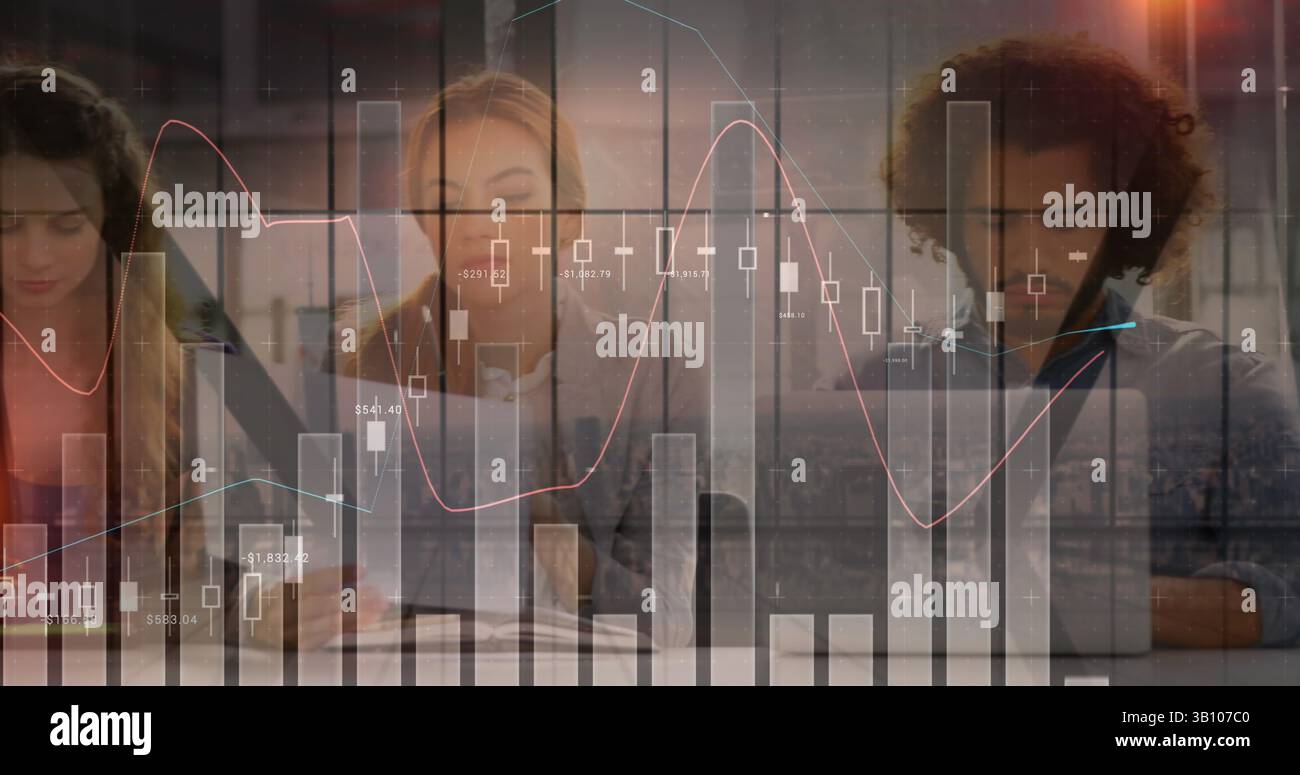 Statistical data processing over diverse office colleagues using electronic devices in meeting room Stock Photo