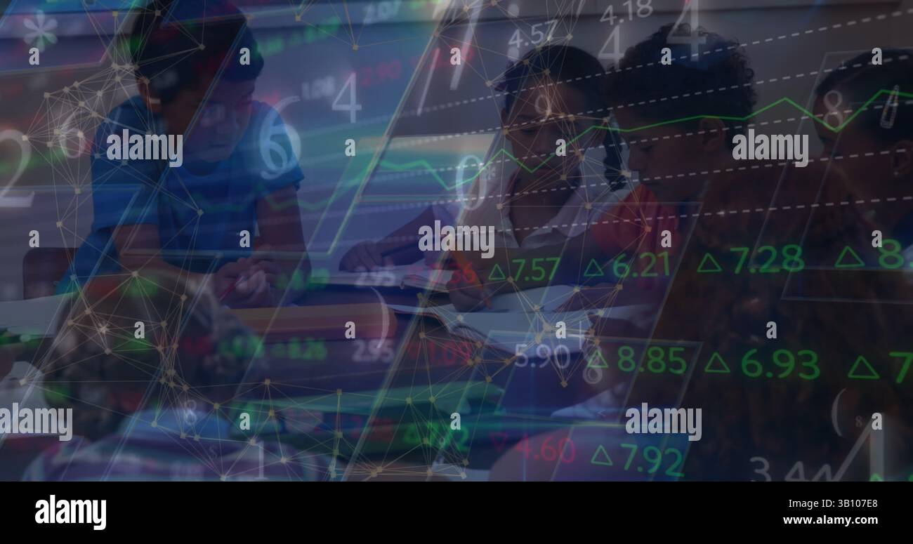 Financial data processing against group of diverse students studying in a class at school Stock Photo