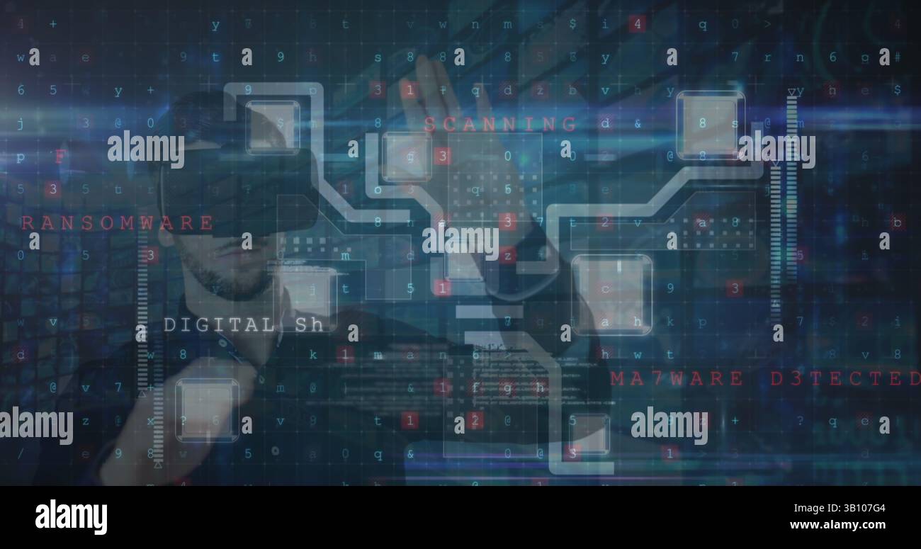 Cyber security data processing against caucasian man wearing vr headset touching an invisible screen Stock Photo
