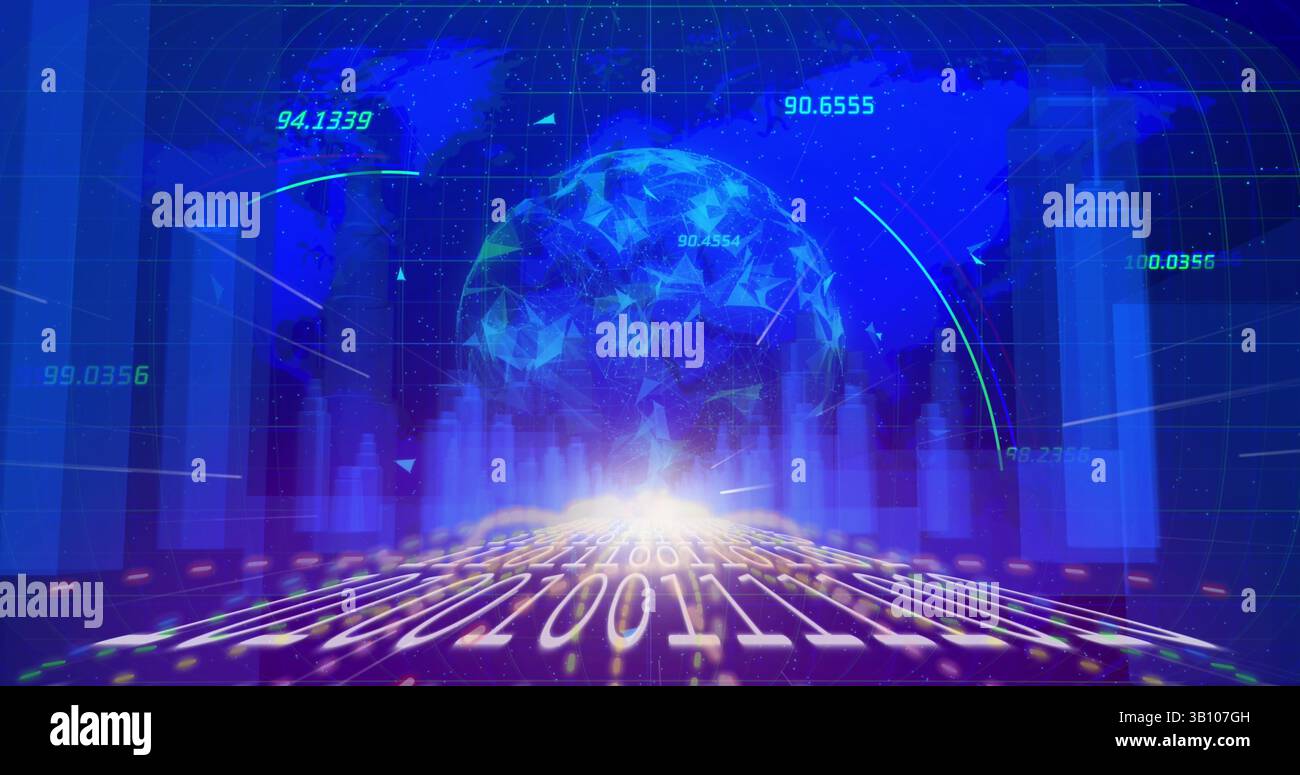 Binary coding and spinning globe against 3d cityscape and world map on blue background Stock Photo