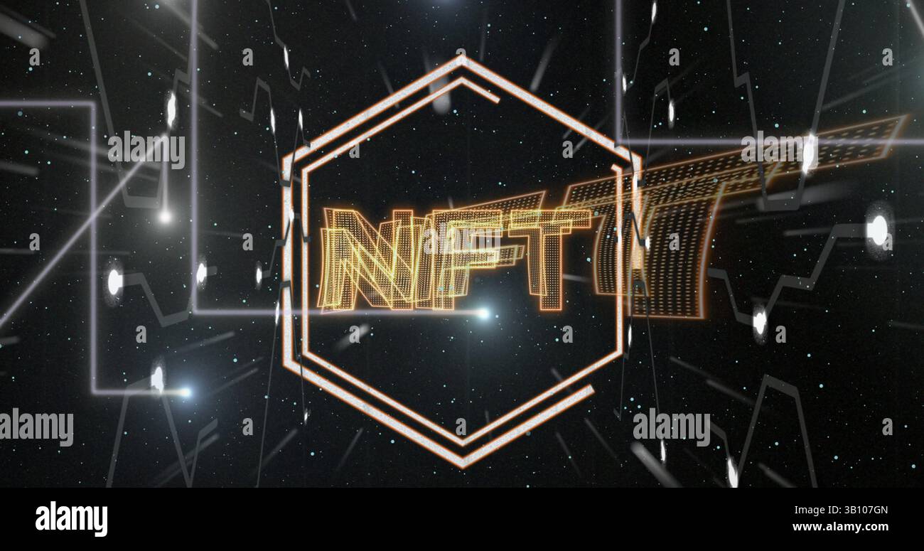 Image of nft in hexagons floating over black background with integrated circuit Stock Photo