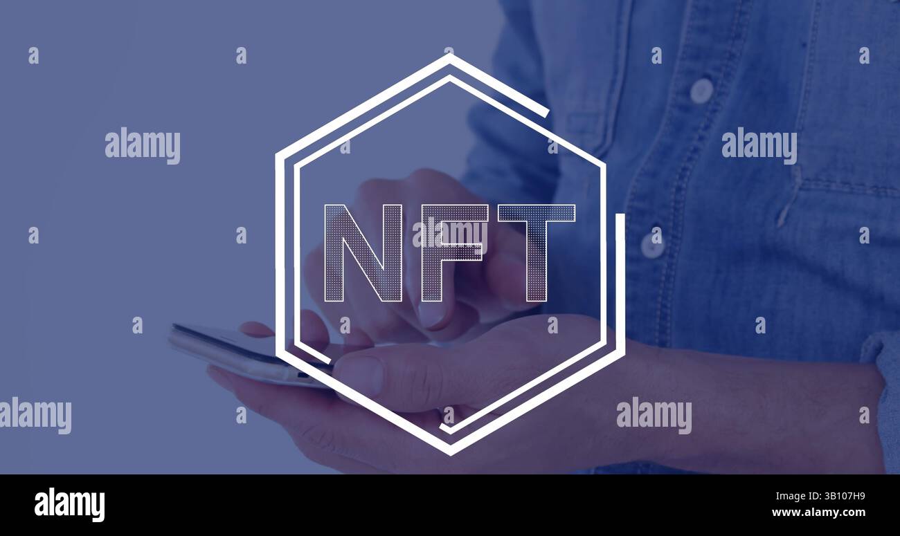 Image of nft in hexagon over hands of caucasian man using smartphone Stock Photo
