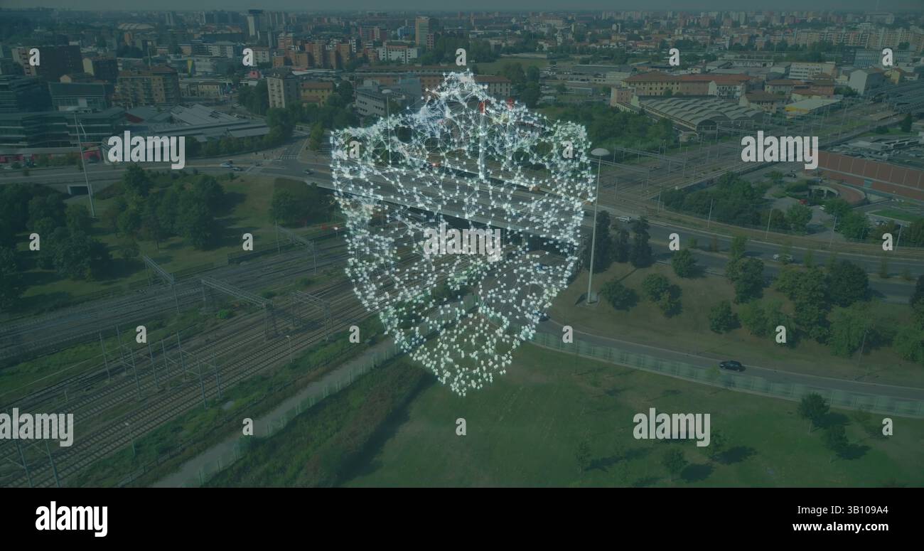 Image of digital shield over cityscape Stock Photo