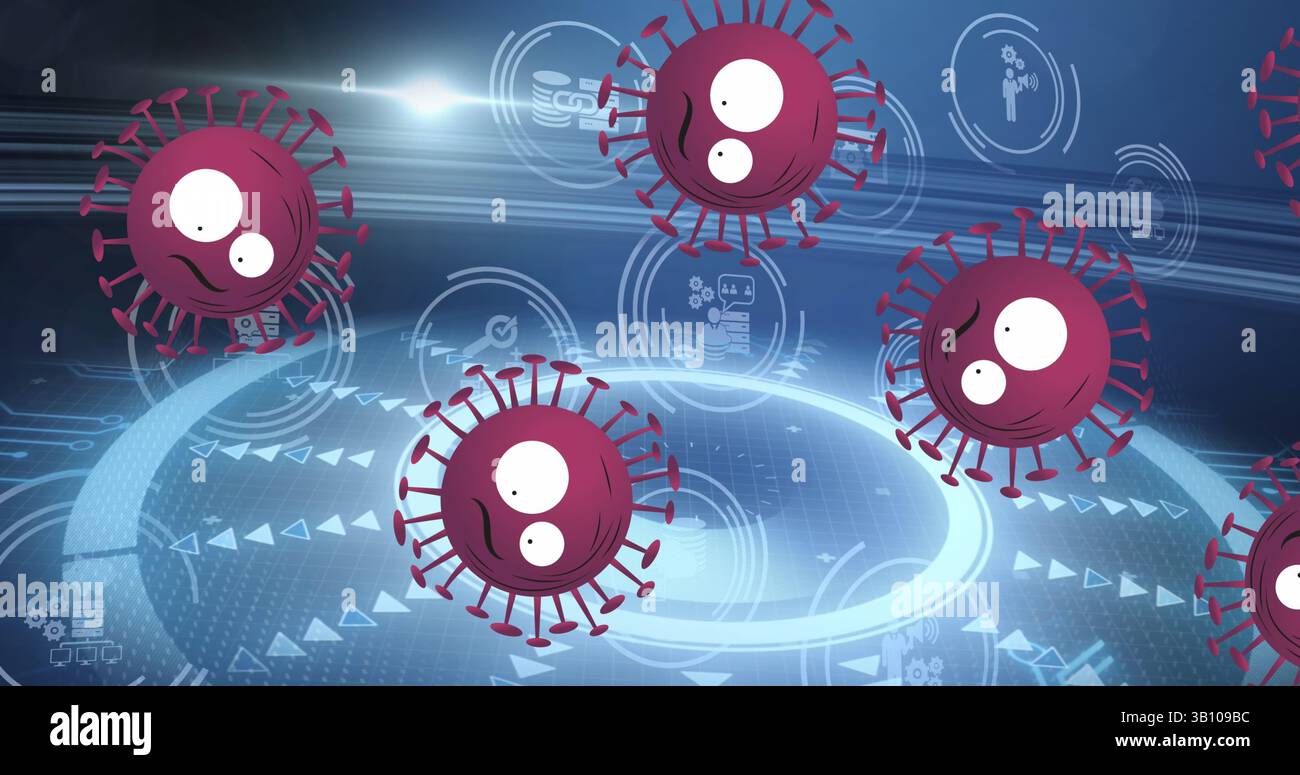 Floating maroon cartoon virus icons moving across dark digital ...