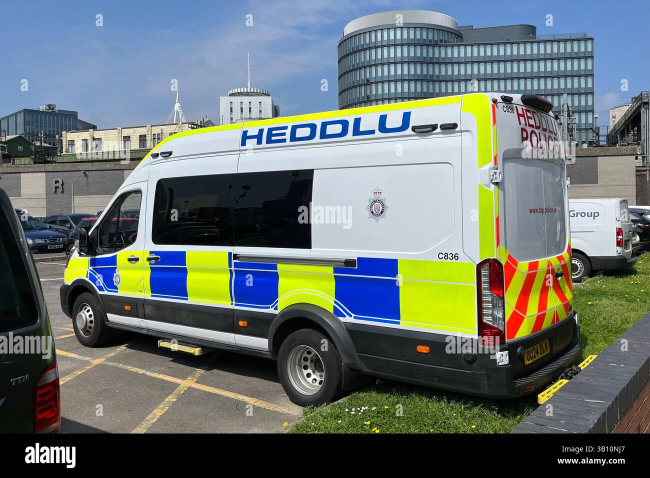 A British Transport Police Van parked near Cardiff Central Railway Station. Cardiff, Wales, United Kingdom. 24th April 2025. - Smartphone Captured Stock Image