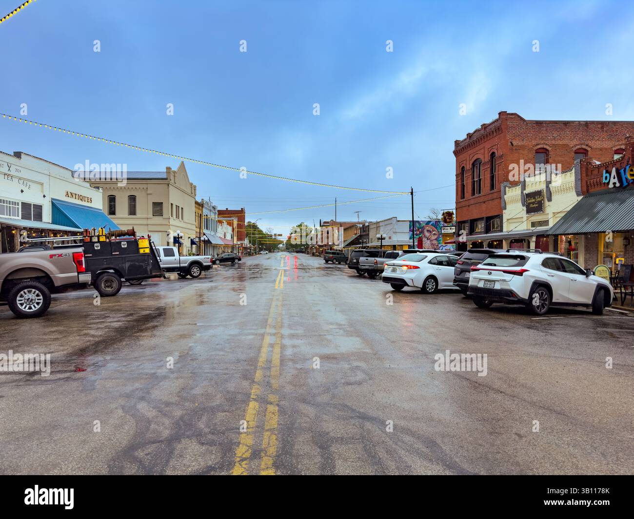 Looking down Main Street, the historic downtown district of Smithville, Texas, USA. - Smartphone Captured Stock Image