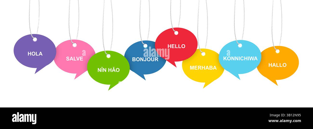 Paper speech bubbles with greetings in different languages hanging on ...