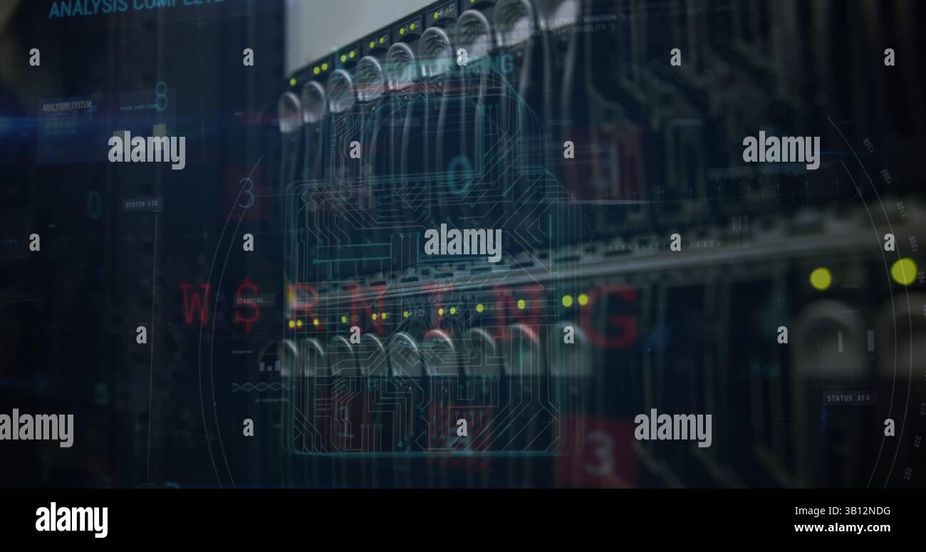 Image of padlock, warning text and data processing over computer servers in background Stock Photo