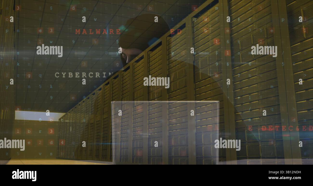 Image of data processing over caucasian male hacker and computer servers Stock Photo
